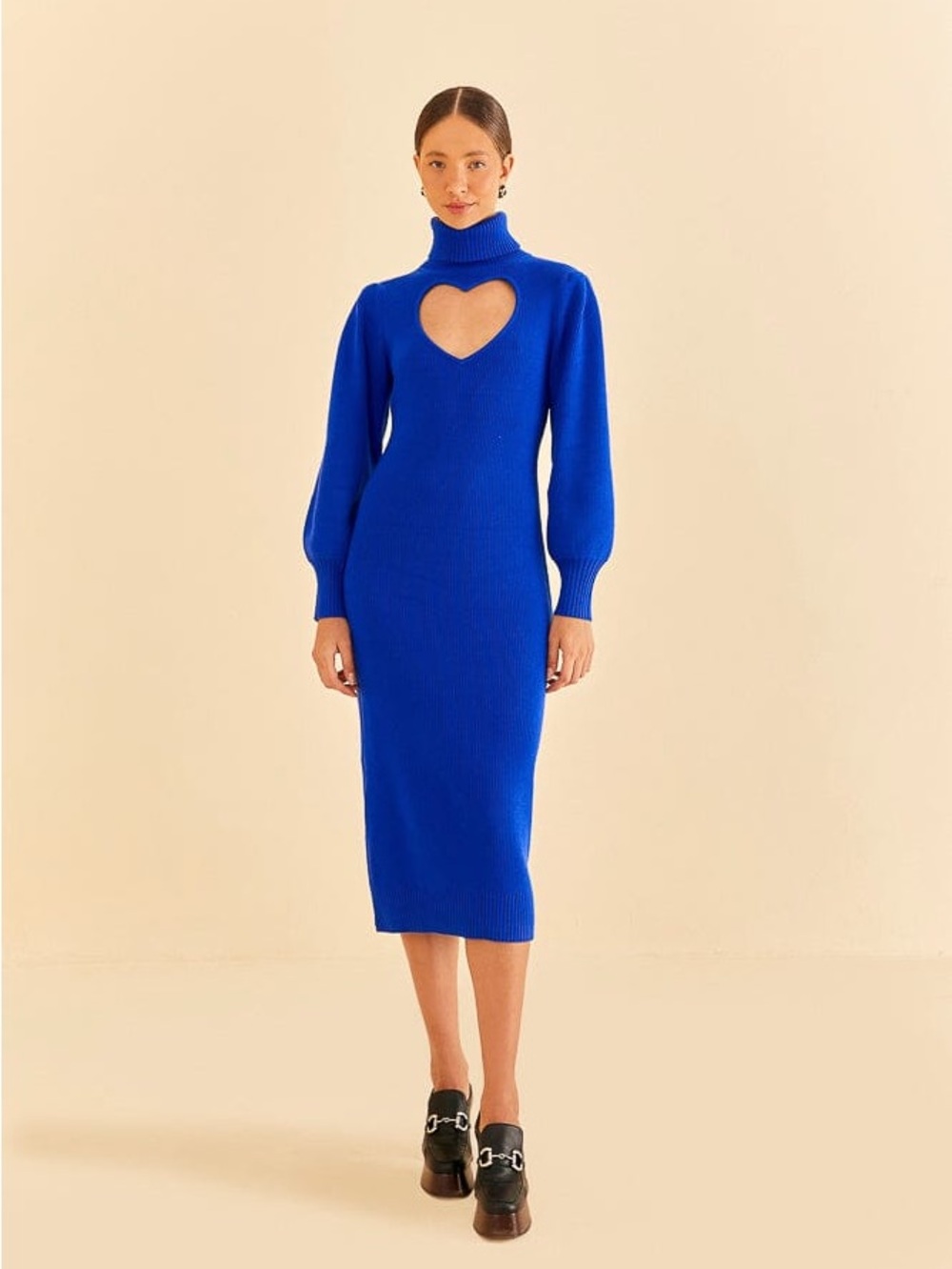 Farm Rio Heart Cutout Turtleneck Midi Dress in Cobalt Blue MSRP $250